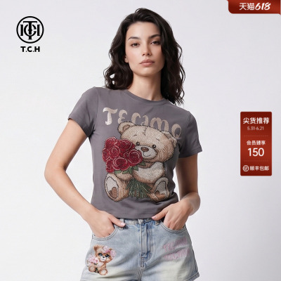TCH烫钻小熊辣妹风显瘦T恤女