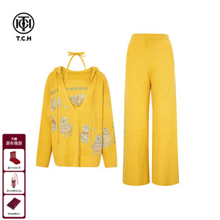 背心套装 休闲裤 女T75D07E5021 烫钻黄色减龄休闲连帽针织衫 TCH时尚