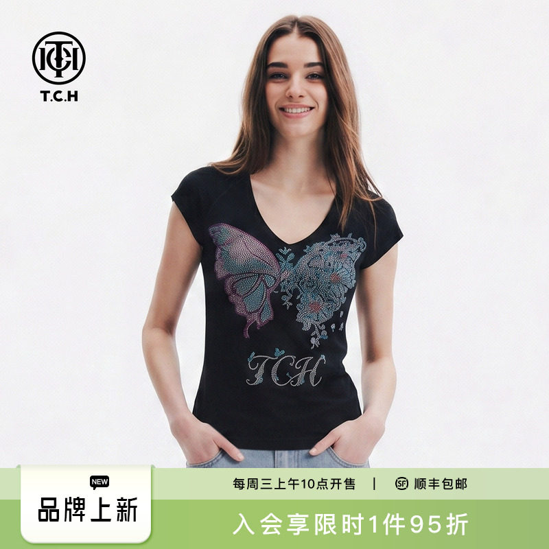 TCH蝴蝶花卉烫钻藏青色弹力修身T恤女2026夏新款V领显瘦短袖上衣