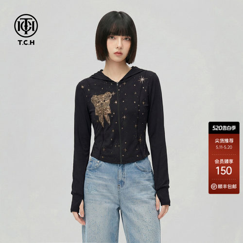 TCH烫钻小熊连帽拉链开衫女