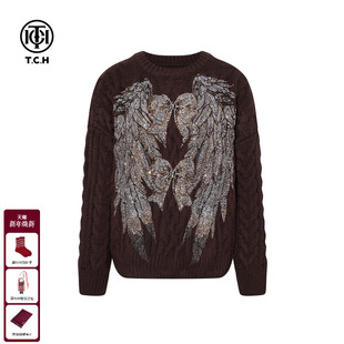TCH私服咖色慵懒针织衫 T75D09E1177 宽松套头毛衣女2025秋冬新款