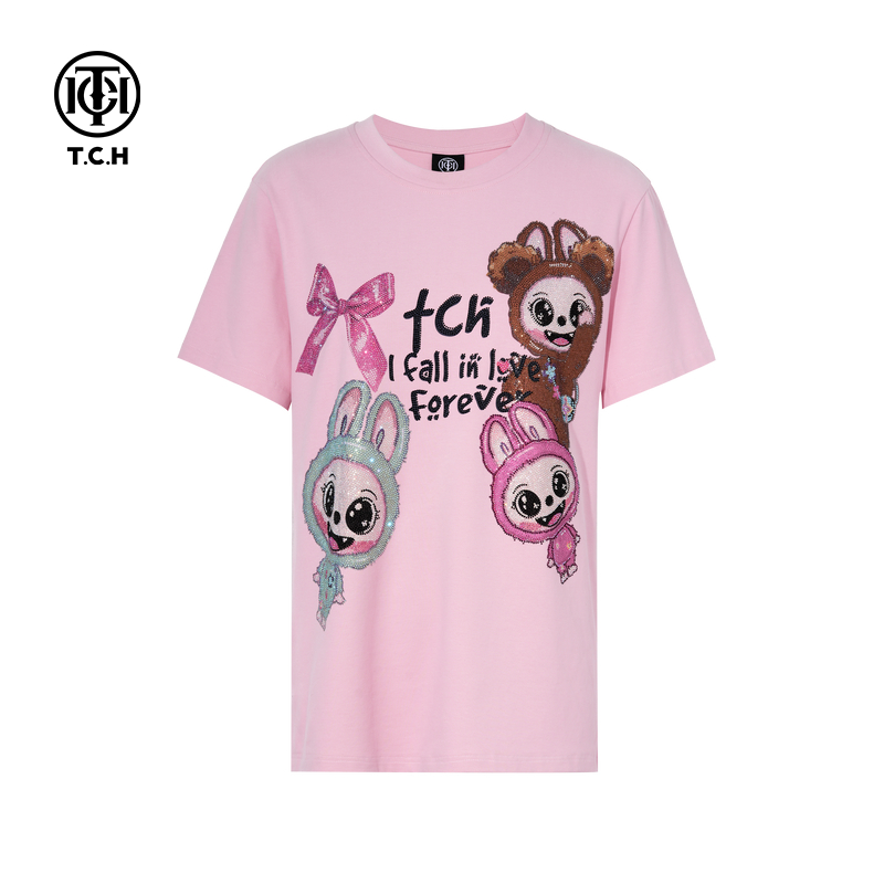 TCH轻奢重工烫钻时尚休闲百搭粉短袖T恤女25秋季新款T75C10E9039