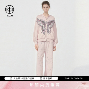 套装 T78A07E1073 外套女直筒针织裤 TCH慵懒宽松连帽烫钻星翼拉链衫