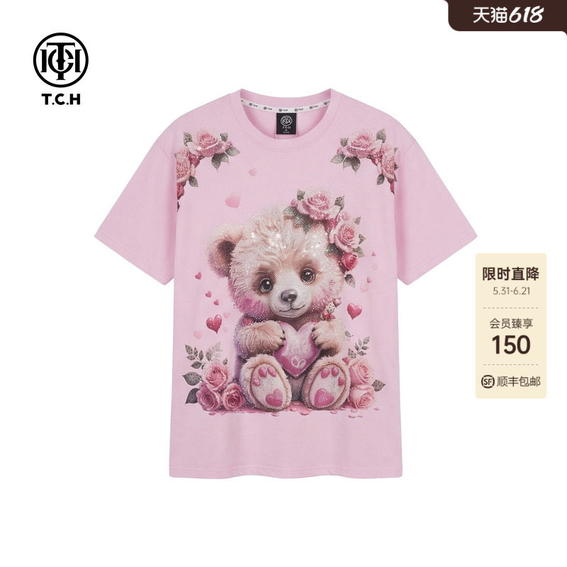 TCH潮牌烫钻时尚休闲百搭舒适卡通宽松短袖T恤女T75B10E9005