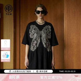 TCH烫钻蝴蝶褶皱拼接休闲宽松七分袖 连衣裙女小黑裙T78A30E1048
