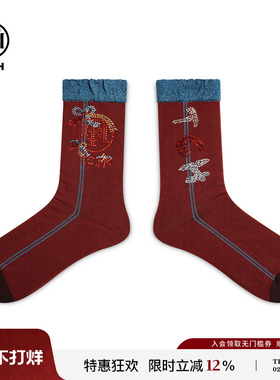 TCH红墙复古拼色本命年烫钻保暖耐穿中筒袜秋冬棉袜子T75D55E1040