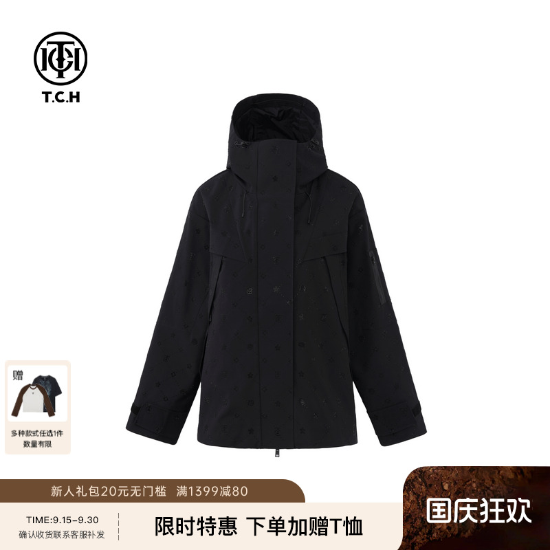 TCH轻奢烫印满钻LOGO工装风防风可拆卸内胆时尚羽绒服24秋冬新款