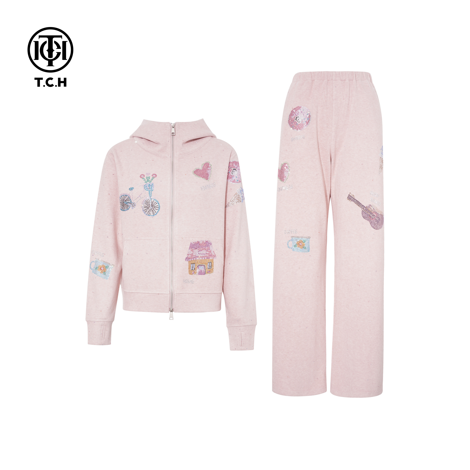 TCH2025秋冬新款氛围感烫钻时尚粉色连帽外套长裤套装T75C07E5051