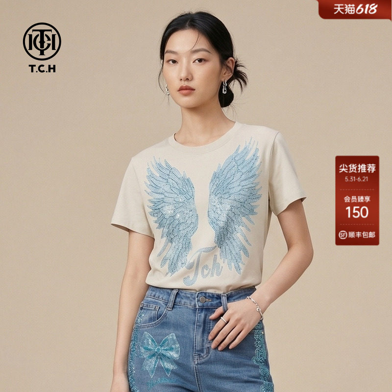 TCH翅膀烫钻短袖T恤女美式复古辣妹短款修身上衣春夏T78A10E1047