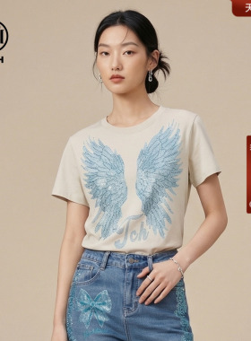 TCH翅膀烫钻短袖T恤女美式复古辣妹短款修身上衣春夏T78A10E1047