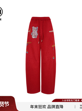 TCH百搭时尚烫钻红色弯刀阔腿显瘦休闲裤女25冬季新款T75D20E5037