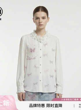 TCH烫钻粉色蝴蝶结甜妹温柔风白色花边立领衬衫上衣女T78A13E1033