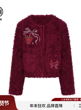 TCH百搭时尚烫钻红色圆领短毛毛外套女潮2025冬季新款T75D27E1017