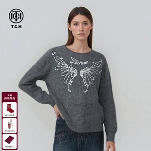 TCH拉绒绵羊毛烫钻翅膀秋冬软糯保暖圆领针织衫 上衣女T75D09E1319