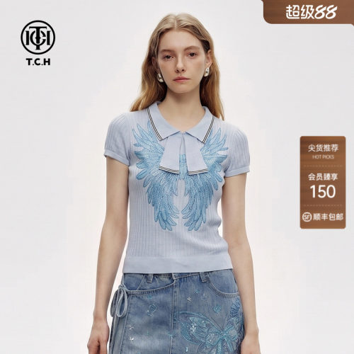 TCH学院风翅膀烫钻针织短袖女