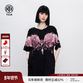 新款 TCH暗黑甜酷烫钻粉翅膀宽松显瘦蝴蝶结长款 T恤连衣裙女25夏季