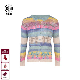 T75A43E5007 女长袖 TCH私服烫钻蝴蝶结彩色条纹时尚 休闲针织开衫