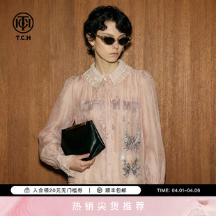 上衣女T78A13E1056 TCH宫廷少女风蕾丝拼接翻领烫钻蝴蝶轻薄衬衫