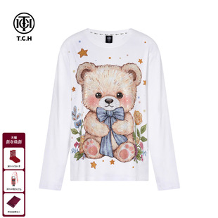 新款 T恤25秋季 T75C08E9010 圆领长袖 TCH轻奢烫钻花朵小熊休闲时尚