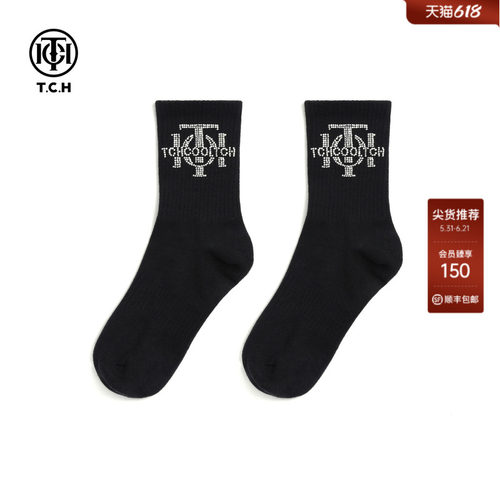 TCH轻奢LOGO烫钻烫钻工艺时尚休闲百搭中筒袜子女T78B55E5001