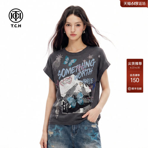 街头潮酷蝴蝶烫钻短袖T恤女