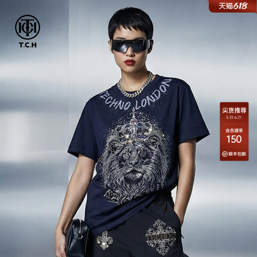 TCH烫钻银闪狮头藏青色宽松圆领短袖T恤女2026春夏新款T78B106023
