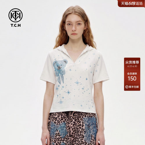 小熊星星烫钻蕾丝连帽T恤女