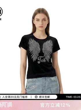 TCH烫钻翅膀丝绒T恤女短款修身显瘦辣妹短袖上衣夏季T78A10E1060