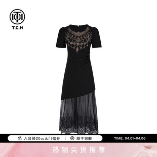 新款 T75B30E1058 气质黑色蕾丝拼接连衣裙女2025夏季 TCH烫钻时尚