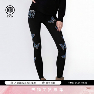 TCH轻奢烫钻时尚 百搭设计感修身 打底裤 女T75C23E1001 舒适瑜伽裤