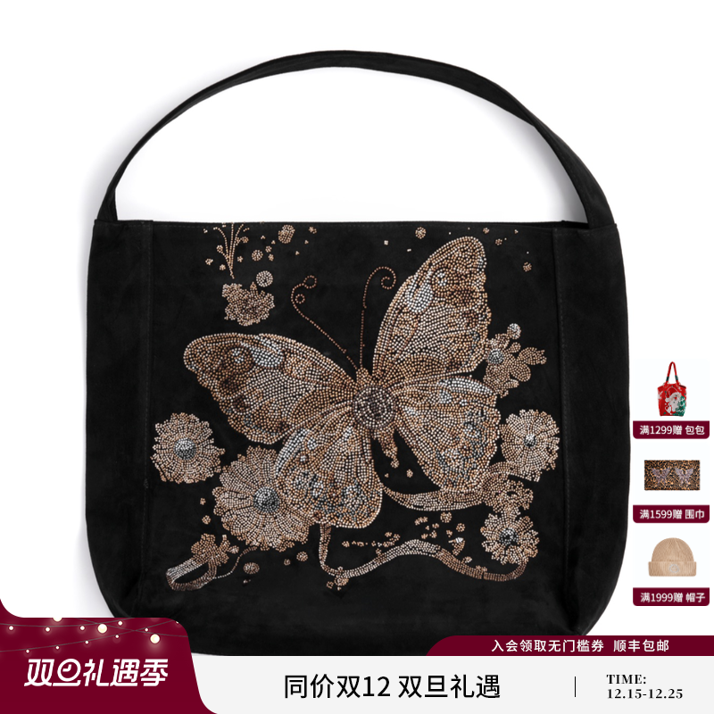 TCH-时尚潮牌蝴蝶花卉logo烫钻黑色手提包T72C40E9001