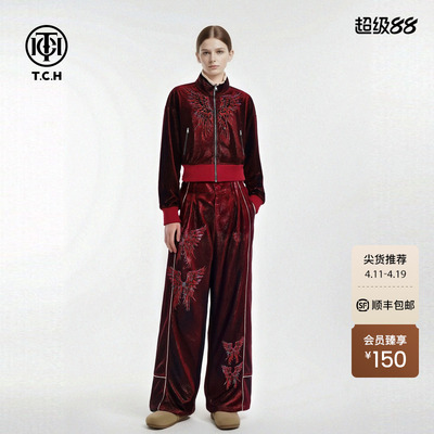 TCH个性潮流烫钻天使之翼酒红色立领外套阔腿裤套装女T78A07E1070