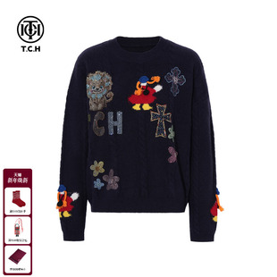 女T75D09E1131 烫钻绵羊毛针织衫 TCH2025秋冬新款 圆领毛衣百搭时尚