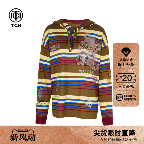 TCH私服烫钻条纹复古毛衣休闲宽松连帽针织衫早秋新款T75C09E5021