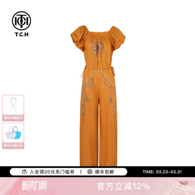 TCH烫钻亚麻时尚休闲气质泡泡袖圆领连体裤女夏季T75B20E5219