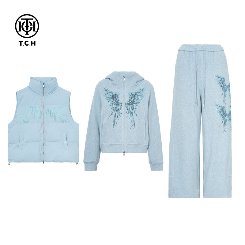 TCH秋冬新款慵懒私服烫钻时尚加绒外套马甲休闲裤套装T75D07E1023