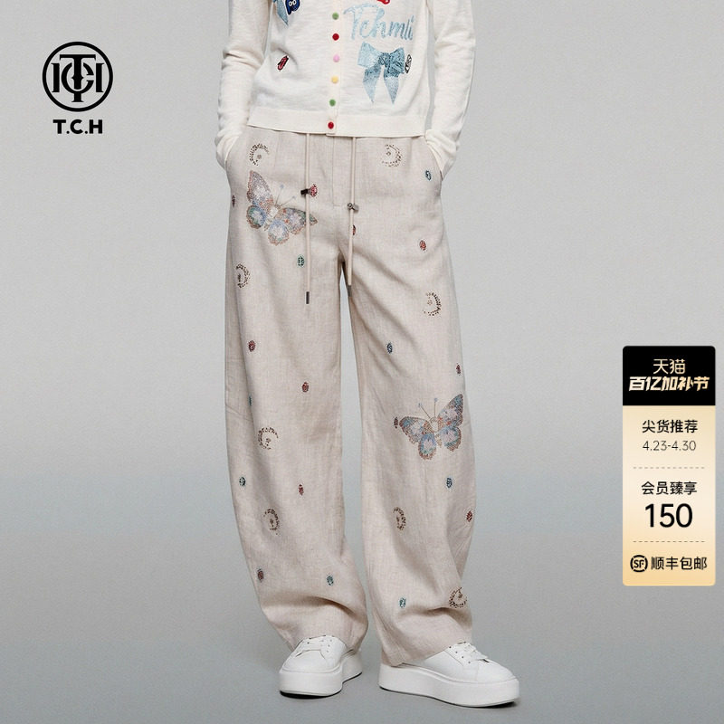 TCH烫钻亚麻薄款高腰弯刀裤阔腿宽松休闲裤女夏季T75B20E5089