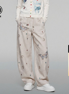 TCH烫钻亚麻薄款高腰弯刀裤阔腿宽松休闲裤女夏季T75B20E5089