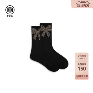 TCH蝴蝶结烫钻黑色中筒袜女ins潮流百搭运动休闲袜子T78B55E1016