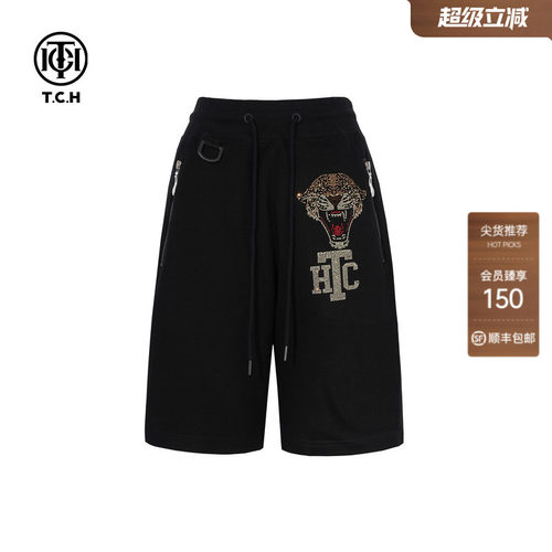 TCH烫钻时尚休闲裤百搭经典豹子卫裤短裤女新款T75C21B1005