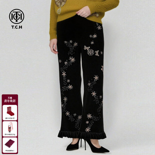 TCH复古丝绒金钻星星荷叶边高腰坑条微喇阔腿休闲裤 女T75D20E1306