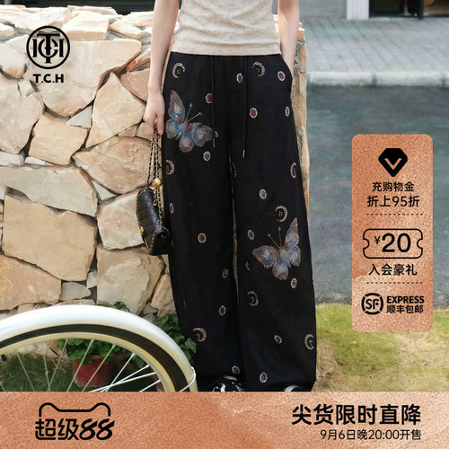 TCH私服烫钻薄款亚麻气质百搭弯刀阔腿宽松休闲长裤女T78B20E5015