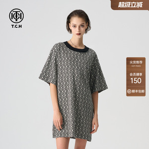 TCH轻奢夏季新款花色烫钻满印百搭宽松T恤连衣裙女T72B306038