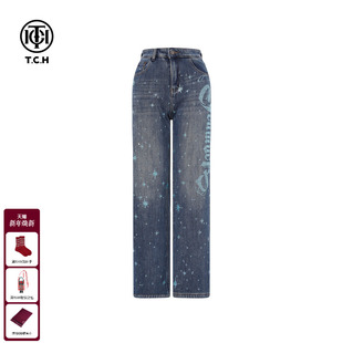 薄绒直筒显瘦做旧牛仔裤 新款 女T75D20E1160 烫钻2025年冬季 TCH时尚