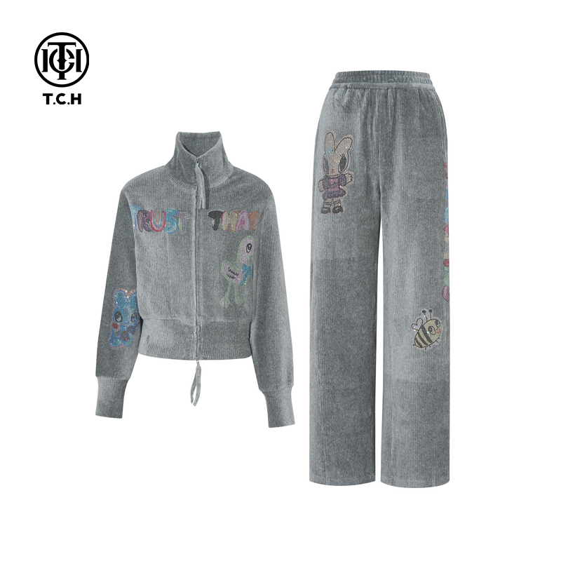 TCH私服25秋冬新款慵懒风烫钻时尚立领外套休闲裤套装T75D07E5012