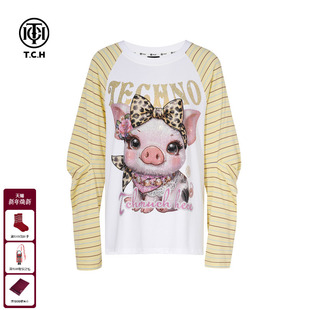 新款 T恤女25秋季 T75C08E9002 潮牌可爱猪烫钻减龄长袖 TCH轻奢时尚