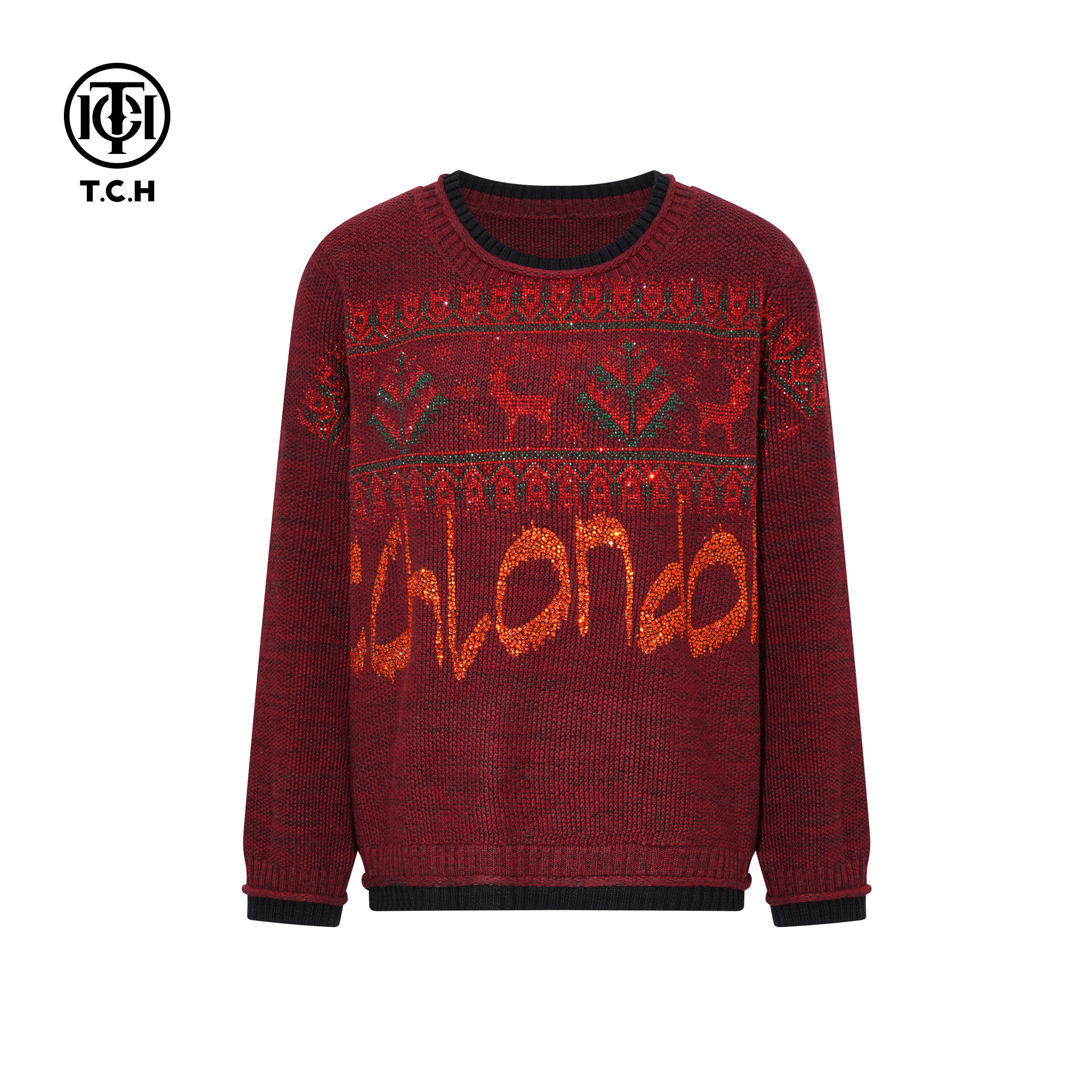 TCH2025冬季新款时尚烫钻复古红休闲宽松毛衣针织衫女T75D09E5070