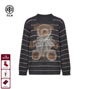 T75D09E1180 上衣女秋冬款 TCH时尚 烫钻条纹软糯休闲宽松打底针织衫