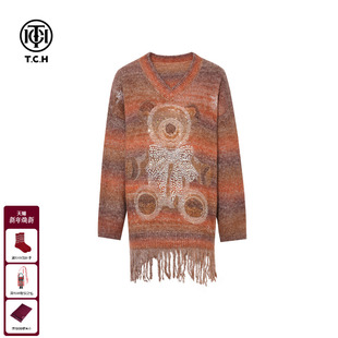 慵懒好看宽松V领毛针织衫 烫钻中长款 女T75D09E1272 新款 TCH25冬季