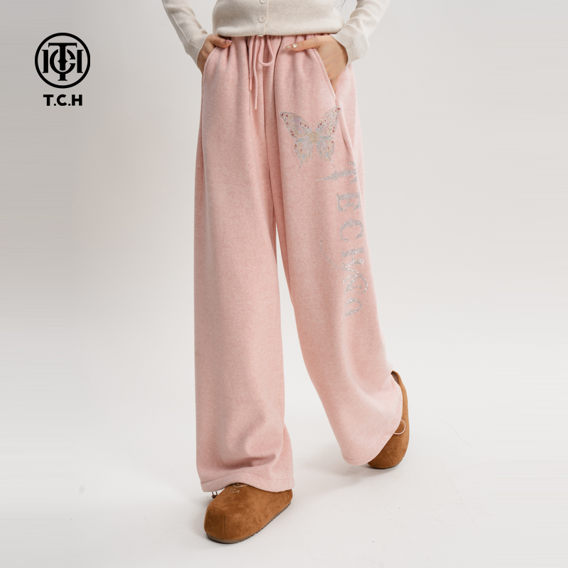 TCH私服25秋冬新款慵懒风烫钻时尚淑女粉色休闲长裤女T75D20E1010